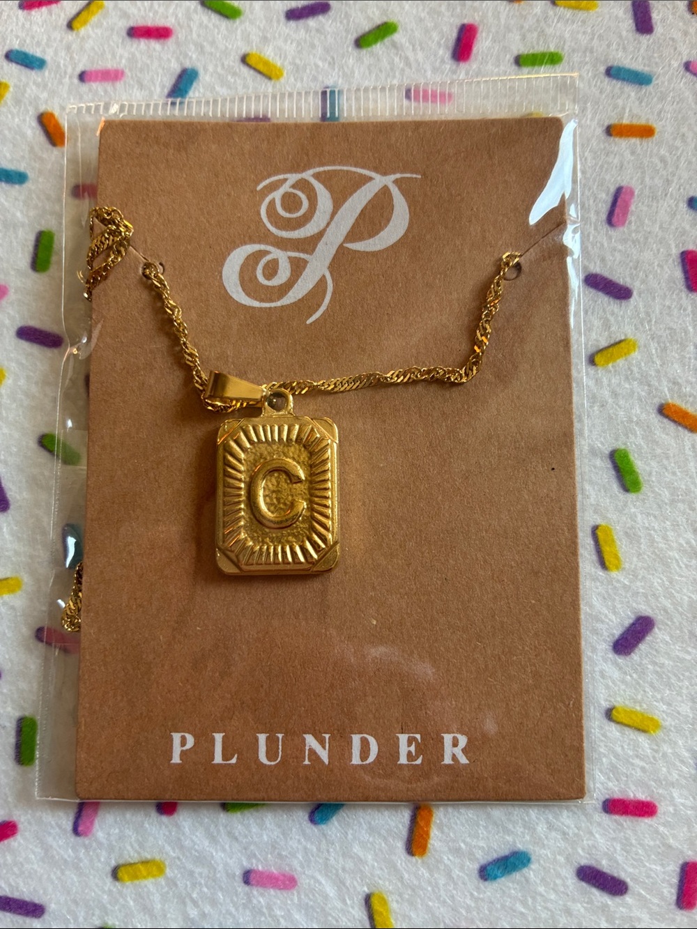 Plunder Gold Rectangular 'C' Pendant Necklace